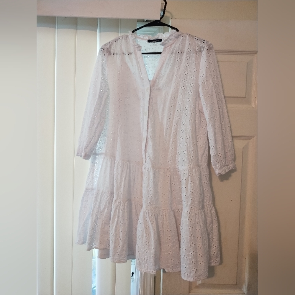 Tommy Hilfiger White Button Down Cotton Tiered Lined Eyelet Dress Size 2 - Picture 3 of 8
